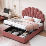 Lit coffre 140 x 200 cm, tte de lit rglable en hauteur, hydraulique, lit adulte, velours, sans matelas, ...