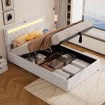 Lit coffre hydraulique, lit adulte, lit double, led, t�l�commande, usb, prise type - c, lin - 140x200 ...