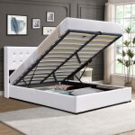 Lit coffre de rangement 140x190 cm avec t�te de lit capitonn�e et 12 lattes - montage rapide et entretien ...