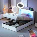 Lit coffre rembourr� en similicuir 90x200cm avec led, lecteur bluetooth et ports de charge usb - avec ...