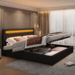 Modernluxe - lit coffre rembourr en similicuir avec led - 160x200cm - avec sommier  lattes - noir