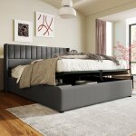 Modernluxe - lit coffre rembourr en tissu de lin avec sommier  lattes - 140x200cm - gris