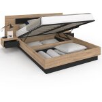 Idmarket ? lit coffre santa 140x190cm ? sommier relevable 24 lattes ? coffre de rangement int�gr� ? tables ...