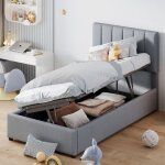 Lit coffre simple 90x200 cm, avec t�te de lit � rayures verticales avec rangement, sommier � lattes, ...