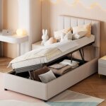 Lit coffre simple 90x200 cm, avec t�te de lit � rayures verticales avec rangement, sommier � lattes, ...