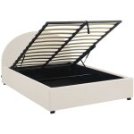 Lit coffre avec sommier � lattes et t�te de lit. finition bouclette. blanc. l 206 x p 153. 5 x h 102cm ...