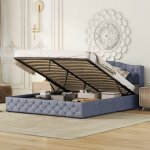 Modernluxe - lit coffre avec sommier  lattes - tissu en lin - 180x200cm - gris