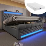 Lit combine 140x200 velours gris lit double , tte de lit rangement, leds + ports usb / type - c (avec ...