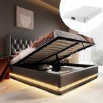 Lit combin 160x200 avec coffre lit double, tte de lit rembourre pu noir, leds et usb - c - sommier ...