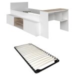Vente - unique - lit combiné 90 x 190 / 200 cm avec bureau et rangements - blanc et naturel + sommier ... Vente - unique - lit combiné 90 x 190 / 200 cm avec bureau et rangements - blanc et naturel + sommier ...