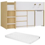 Lit combiné 90 x 190 cm avec bureau et rangements - coloris : naturel et blanc + matelas - sagiti Lit combiné 90 x 190 cm avec bureau et rangements - coloris : naturel et blanc + matelas - sagiti