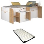 Vente - unique - lit combiné 90 x 200 cm avec bureau et rangements - coloris : blanc et naturel + sommier ... Vente - unique - lit combiné 90 x 200 cm avec bureau et rangements - coloris : blanc et naturel + sommier ...