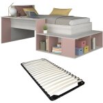 Lit combiné 90 x 200 cm avec rangements et bureau - coloris : naturel et rose + sommier - rigali Lit combiné 90 x 200 cm avec rangements et bureau - coloris : naturel et rose + sommier - rigali