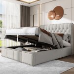 Modfu - lit conteneur pour adulte 140x190 cm avec tte de lit et sommier  lattes, lin, sans matelas, ...