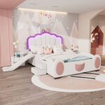 Okwish - lit enfant 140x200 cm lit double avec toboggan, chelle et clairage led rglable, en pu rose ...