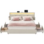 Vasagle ? lit double 140 x 190 cm en m�tal avec 4 tiroirs ? t�te de lit rembourr�e ajustable ? �clairage ...