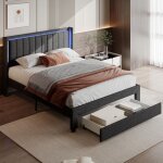 Lit double 140x190 cm, 1 tiroir au pied du lit, clairage led, ports usb et type - c, sommier  lattes, ...