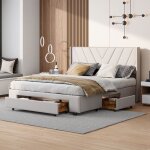Lit double 140x190 cm, avec 3 tiroirs, motif en v, sommier  lattes en bois, cadre en mtal, lit capitonn ...