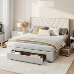 Nmonet ? lit double 140x190 cm avec 3 tiroirs ? cadre en bois massif ? sommier � lattes ? tissu de lin ...