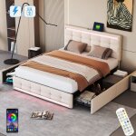 Dans les nuages - lit double 140x190 cm, avec 4 tiroirs, clairage led, usb fonction de charge, sommier ...
