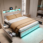Lit double 140x190 cm, lit adulte 140 x 190, avec led et 4 tiroirs, cadre de lit, avec port usb, avec ...