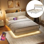 Lit double 140x190 cm, lit adulte avec �clairage led, pieds de lit cach�s, t�te de lit de rangement et ...