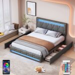 Dans les nuages - lit double 140x190 cm, avec clairage led, 4 tiroirs de rangement, tte de lit rglable ...