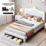 Lit double 140x190 cm, avec éclairage led, décoration couronne, avec deux tiroirs, pu, ??sommier à lattes, ... Lit double 140x190 cm, avec éclairage led, décoration couronne, avec deux tiroirs, pu, ??sommier à lattes, ...
