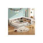 Okwish - lit double 140x190 cm lit enfant, lit au sol avec chevet de rangement, barri�re et prise usb, ...