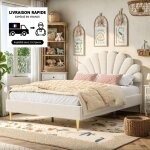 Lit double 140x190 cm, lit princesse, tissu velours, tte de lit fleurie, style scandinave, sommier  ...