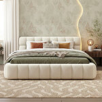 Lit double 140x190 cm en tissu lin, t�te de lit moelleuse et cadre de lit capitonn�, sommier � lattes ...