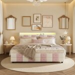 Lit double 140x190 cm en velours avec 4 tiroirs - �clairage led rgb - t�te de lit avec ports usb a + ...