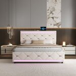 Lit double 140x190 cm - velours blanc - 4 tiroirs - bandes led rgb - ports usb / type - c