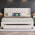 Lit double 140x190 - lit coffre avec tiroirs - velours blanc - led rgb - 2 ports usb