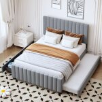 Lit double 140x190 gris velours - avec lit gigogne et 2 tiroirs, rembourr� doux, pour enfant / ado / ...