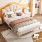 Lit double 140x190 velours beige, lit enfant forme coquillage - t�te de lit r�glable, pieds fer dor� ...