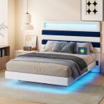 Lit double 140x190cm - matire velours, clairage led + recharge usb, design suspendu, tte de lit raye, ...