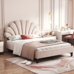 Lit double 140x200 beige - t�te de lit fleur velours peau de p�che, sommier � lattes inclus, pour adulte ...