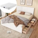 Lit double 140x200 en chêne / blanc avec 2 tiroirs, sommier lattes inclus - cadre lit moderne dimensions ... Lit double 140x200 en chêne / blanc avec 2 tiroirs, sommier lattes inclus - cadre lit moderne dimensions ...