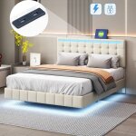 Lit double 140x200 cm, lit adulte avec �clairage led, fonction de charge usb, sommier en bois, cadre ...