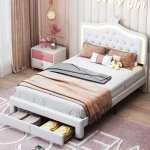 Eifson - lit double 140x190 cm, avec éclairage led, décoration couronne, avec deux tiroirs, pu, ??sommier ... Eifson - lit double 140x190 cm, avec éclairage led, décoration couronne, avec deux tiroirs, pu, ??sommier ...