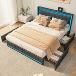 Eifson - lit double 140x190 cm, avec �clairage led, recharge usb, 4 tiroirs de rangement en fer, linge, ...