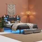 Lit double 140x200 cm avec �clairage led, tiroirs de rangement et cadre m�tallique avec t�te en bois, ...