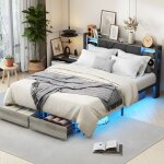 Lit double 140x200 cm avec �clairage led, tiroirs de rangement et cadre m�tallique avec t�te en bois, ...