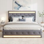 Lit double 140x200 cm en lin gris fonc� avec �clairage led, usb et 4 tiroirs m�talliques de rangement ...