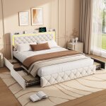Lit double 140x200 cm avec tiroirs, éclairage led, charge usb et type - c, matelas rembourré, tissu velours, ... Lit double 140x200 cm avec tiroirs, éclairage led, charge usb et type - c, matelas rembourré, tissu velours, ...