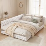 Lit double 140x200 cm tissu bouclette, lit banquette moderne avec bande led et chargeur usb, sommier ...