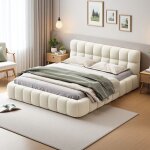 Lit double 140x200 cm, tissu lin, avec t�te de lit rembourr�, sommier � lattes, lit adulte capitonn�, ...