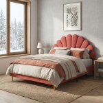 Lit double 140x200 cm en velours, t�te de lit design coquillage, sommier � lattes et pieds en m�tal dor�, ...