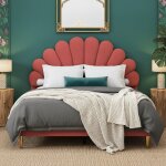 Lit double 140x200 cm en velours, t�te de lit design coquillage, sommier � lattes et pieds en m�tal dor�, ...